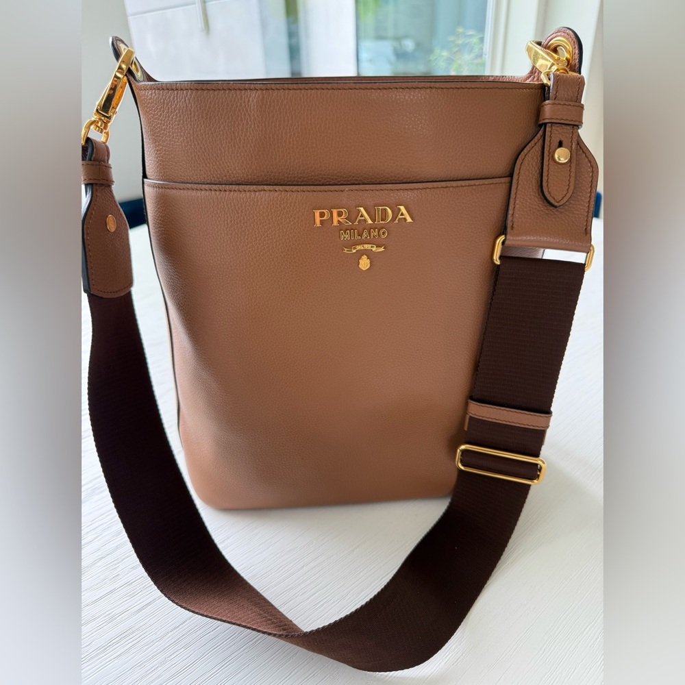 Prada Brown Leather Messenger Bag with Gold Hardware